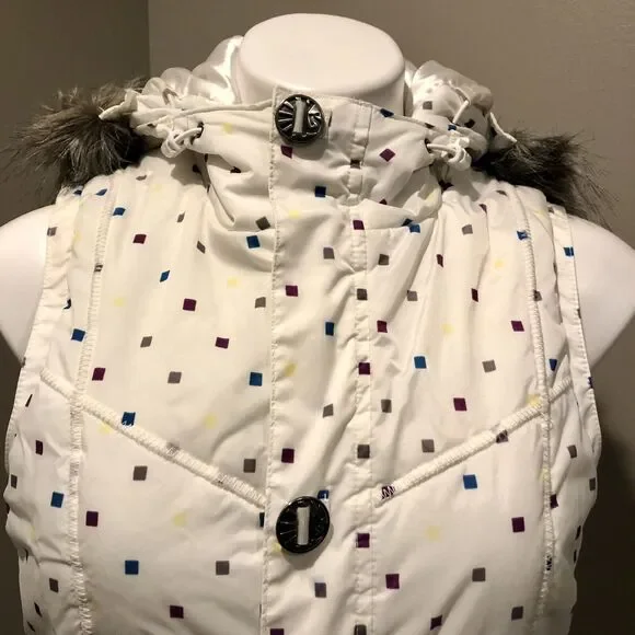 Burton Dryride Puffer Vest Small Cream Hooded Faux Fur Trim Zip Snap Pockets - Picture 2 of 12